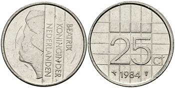 НИДЕРЛАНДЫ 25 ЦЕНТОВ 1984 БЕАТРИКС KM 204 никель 96-268