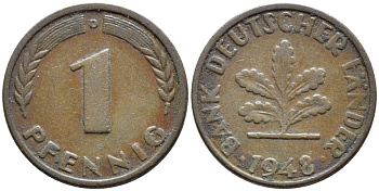 ФРГ 1 ПФЕННИГ 1948 D KM А101, J.376 сталь плакированная медью 4392-1013