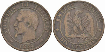 ФРАНЦИЯ 10 САНТИМОВ 1854 A, НАПОЛЕОН III (1852-1870) KM 771.1, LE FRANC 133.10 бронза 38-1011