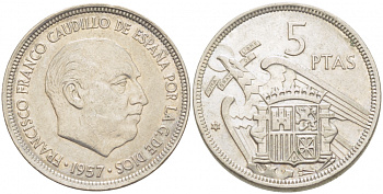Испания 5 песет 1957 (75) Франциско Франко (1939-1975) KM 786 медно-никель 87-1523