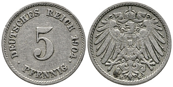 ГЕРМАНИЯ 5 ПФЕННИГОВ 1904 E KM 11, J. 12 медно-никель 39-768
