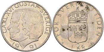 Швеция 1 крона 1991 Карл XVI Густав (1973- ) KM 852a медно-никель 4395-712