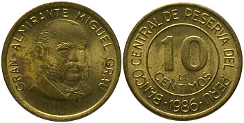 Перу 10 сентимо 1986 LIMA KM 293, Schon 94 латунь 4532-758