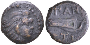 БОСПОР КИММЕРИЙСКИЙ, ПАНТИКАПЕЙ ХАЛК IV в. до н.э. ГОЛОВА БЕЗБОРОДОГО САТИРА / ПАN TI, ЛУК В ГОРИТЕ, 1,71 гр Анохин 113 медь 1073-19-36