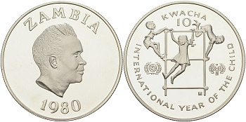 Замбия 10 квача 1980 международный год детей, президент Каунда KM 21 серебро PROOF 11-137-33