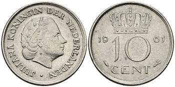 НИДЕРЛАНДЫ 10 ЦЕНТОВ 1961 ЮЛИАНА KM 182 никель 96-433