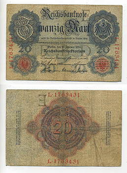 ГЕРМАНИЯ 20 МАРОК 1914 СЕМЬ ЦИФР В НОМЕРЕ Pick 46b бумага 7217-39-1