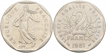 ФРАНЦИЯ 2 ФРАНКА 1981 СЕЯТЕЛЬ KM 942.1, LE FRANC 272.5 никель 3855-713
