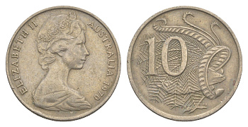 Австралия 10 центов 1970 Елизавета II (1952-2022), птица лирахвост KM 65 медно-никель 4364-2827