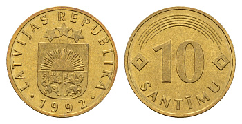 Латвия 10 сантимов 1992 KM 17 никель латунь UNC 4679-314