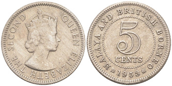 Малайя и Британское Борнео 5 центов 1953 Елизавета II (1952-2022) KM 1 медно-никель 187-318