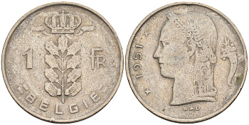 Бельгия 1 франк 1951 Belgie KM 143.1 медно-никель    4592-1236