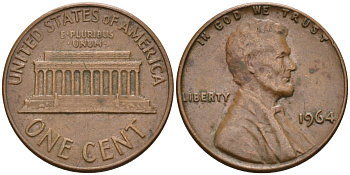 США 1 цент 1964 Линкольн KM 201 медь цинк 4115-837