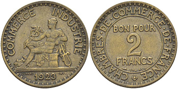 ФРАНЦИЯ 2 ФРАНКА 1923 CHAMBRES DE COMMERCE KM 877, LE FRANC 267.5 алюминиевая бронза 4183-1211