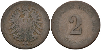 Германия 2 пфеннига 1875 J, старогербовка KM 2, J. 2 медь 4575-652