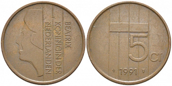 НИДЕРЛАНДЫ 5 ЦЕНТОВ 1991 БЕАТРИКС KM 202 бронза 3856-543