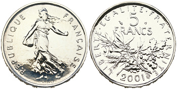 Франция 5 франков 2001 прощай франк, в оригинальной коробке, в оригинальной коробке KM 1309 серебро  UNC  3-4-11-21