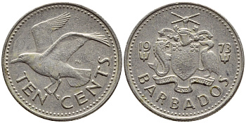Барбадос 10 центов 1979 смеющаяся (Ацтекская) чайка KM 12 медно-никель 4396-1212