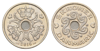 Дания 2 кроны 2016 Маргрете II (1972-2024) KM 874 медно-никель UNC 175-141