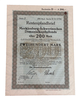 Германия акция на 200 марок 1919 Рентная облигация (Rentenpfandbrief) земельного фонда Мекленбург-Шверина / Rentenpfandbrief des Mecklenburg-Schwerinschen Domanialkapitalfonds бумага 5555-4