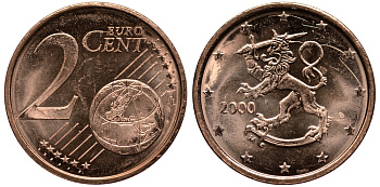 ФИНЛЯНДИЯ 2 ЕВРОЦЕНТА 2000 KM 99 сталь плакированная медью UNC 4181-463