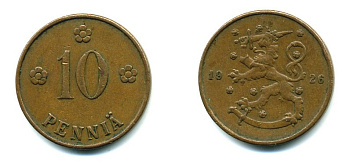 Финляндия 10 пенни 1926 республика (1918-1962) KM 24 медь 46-1531