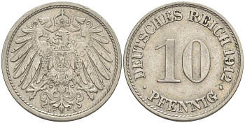 Германия 10 пфеннигов 1912 A KM 12, Jager 13, Weege 8 медно-никель 219-222