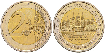 ФРГ 2 евро 2007 D, серия федеральные земли, Мекленбург-Передняя Померания, Шверинский замок KM 260 биметалл UNC 4111-741