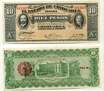 МЕКСИКА 10 ПЕСО 1915 CHIHUAHUA, ЧИХУАХУА, КРАСНАЯ ПЕЧАТЬ НА ОБОРОТЕ 9 ОКТЯБРЯ 1915 Pick S535 бумага UNC (ПРЕСС) 8589-55-3-1
