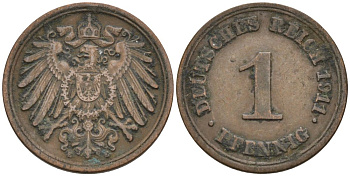 Германия 1 пфенниг 1911 E KM 10, J. 10 медь 4576-165