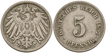 Германия 5 пфеннигов 1897 D J.12, KM 11 медно-никель    4598-1122