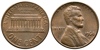 США 1 ЦЕНТ 1968 D, ЛИНКОЛЬН KM 201 медь цинк 93-1222