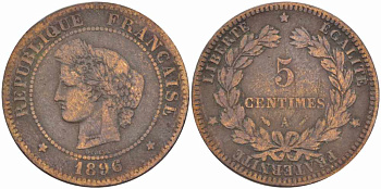 ФРАНЦИЯ 5 САНТИМОВ 1896 A, ТРЕТЬЯ РЕСПУБЛИКА (1871-1940) KM 821.1, LE FRANC 118.38 бронза 108-745
