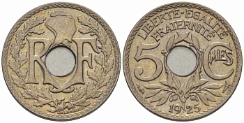 ФРАНЦИЯ 5 САНТИМОВ 1925 ТИП ЛИНДАЙЁ KM 875, LE FRANC 122.10 медно-никель 4379-342