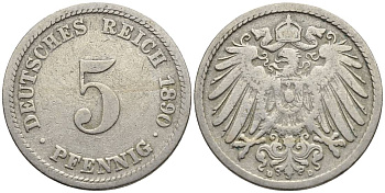 ГЕРМАНИЯ 5 ПФЕННИГОВ 1890 D KM 11, Jager 12, Weege 6 медно-никель 4547-319