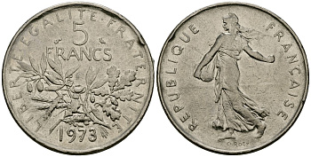 Франция 5 франков 1973 KM 926a медно-никель плакированный никелем 4120-436