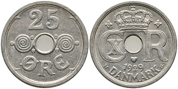 Дания 25 эре 1929 N; GJ, Кристиан X (1912-1947) KM 823.2 медно-никель 28-1113