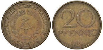 ГДР 20 пфеннигов 1969 А, первый год KM 11 латунь 62-1213