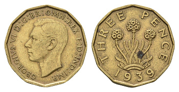 Великобритания 3 пенса 1939 Георг VI (1936-1952) KM 849, Spink 4112 никель латунь 4121-442
