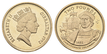 Гибралтар 2 фунта 1992 Христофор Колумб KM 98 вирениум UNC 1524-2033