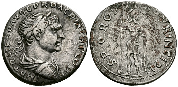 Римская Империя денарий 103 - 104 Траян SPQR OPTIMO PRINCIPI МАРС Рим Good Very fine (денарий плакированный) RIC 161 плакировка серебром 1073-4-6-6