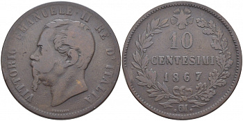 Италия 10 чентезимо 1867 OM, Виктор Эммануил II (1861-1878) KM 11.5 медь 114-625