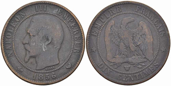 Франция 10 сантимов 1856 W, Наполеон III (1852-1870) KM 771.7, Le Franc 133.38 бронза    4680-633