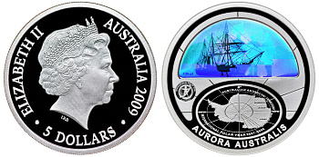 Австралия 5 долларов 2009 Международный полярный год 2007-2008, австралийское северное сияние, голограмма KM 1081 серебро PROOF 4-3-3-07