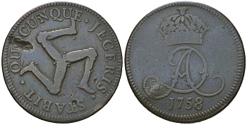 Остров Мэн 1 пенни 1758 Джеймс Мюррэй KM 7 медь 94-151