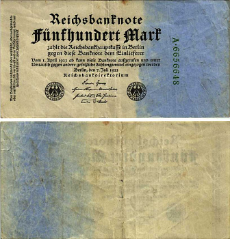 Германия 500 марок 1922 зеленая серия, 7 цифр в номере Pick 74 b бумага 7191-52-3-2