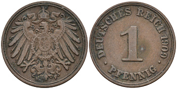 Германия 1 пфенниг 1909 F KM 10, J. 10 медь 4594-1248