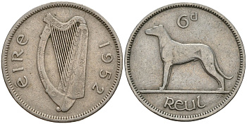 Ирландия 6 пенсов 1952 ирландский волкодав KM 13a медно-никель 4189-718