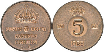 Швеция 5 эре 1968 U, Густав VI Адольф (1950-1973) KM 822 бронза 4557-831