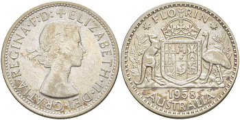 Австралия 1 флорин 1958 Елизавета II (1952-2022), герб Австралии KM 60 серебро 4512-1236